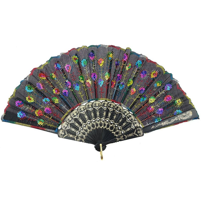 InnoLife Elegant Colorful Embroidered Flower Peacock Pattern Sequin Fabric Folding Handheld Hand Fan Hand-Crafted (Full Set - 10pcs Mixed Colors) - Image 5